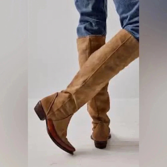 New Free People Sterling Western Tall Boots Suede Leather Point Heel Tan Brown - Picture 1 of 15